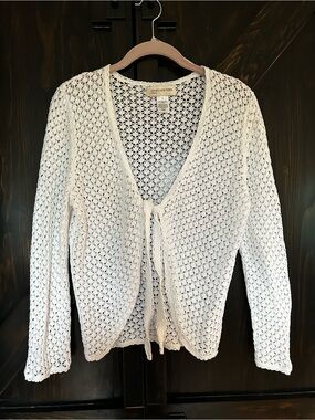 VTG Jones New York White Crochet Tie Front Cardigan Y2K Cottagecore M